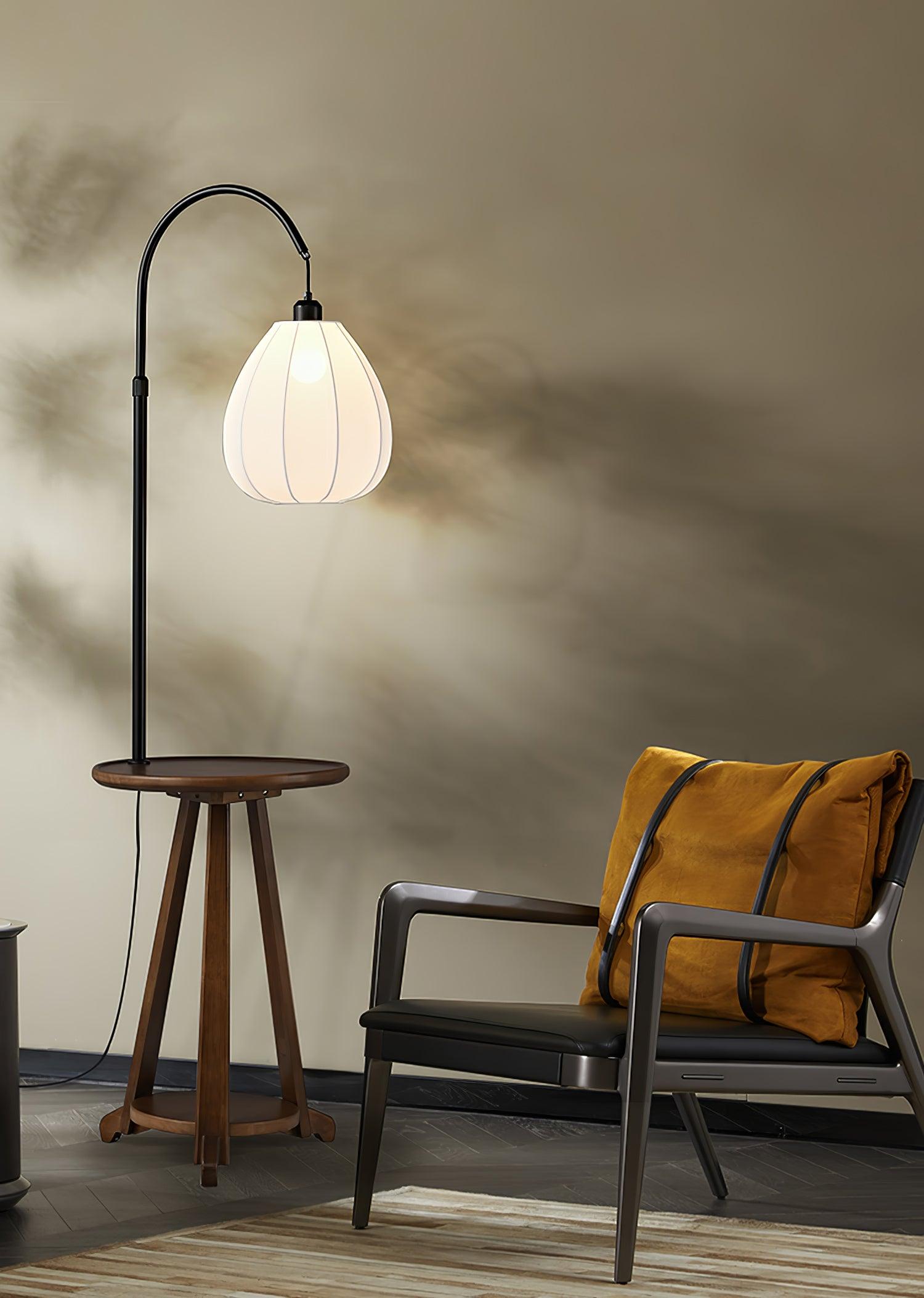 Modern Walnut Wood Arc Floor Lamp with Integrated Side Table and Fabric Shade