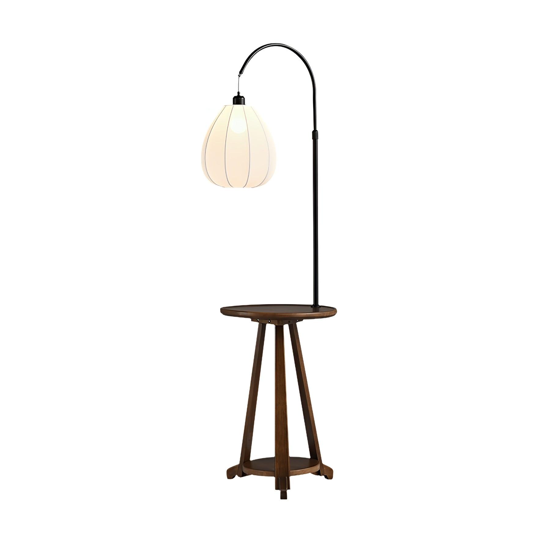 Modern Walnut Wood Arc Floor Lamp with Integrated Side Table and Fabric Shade