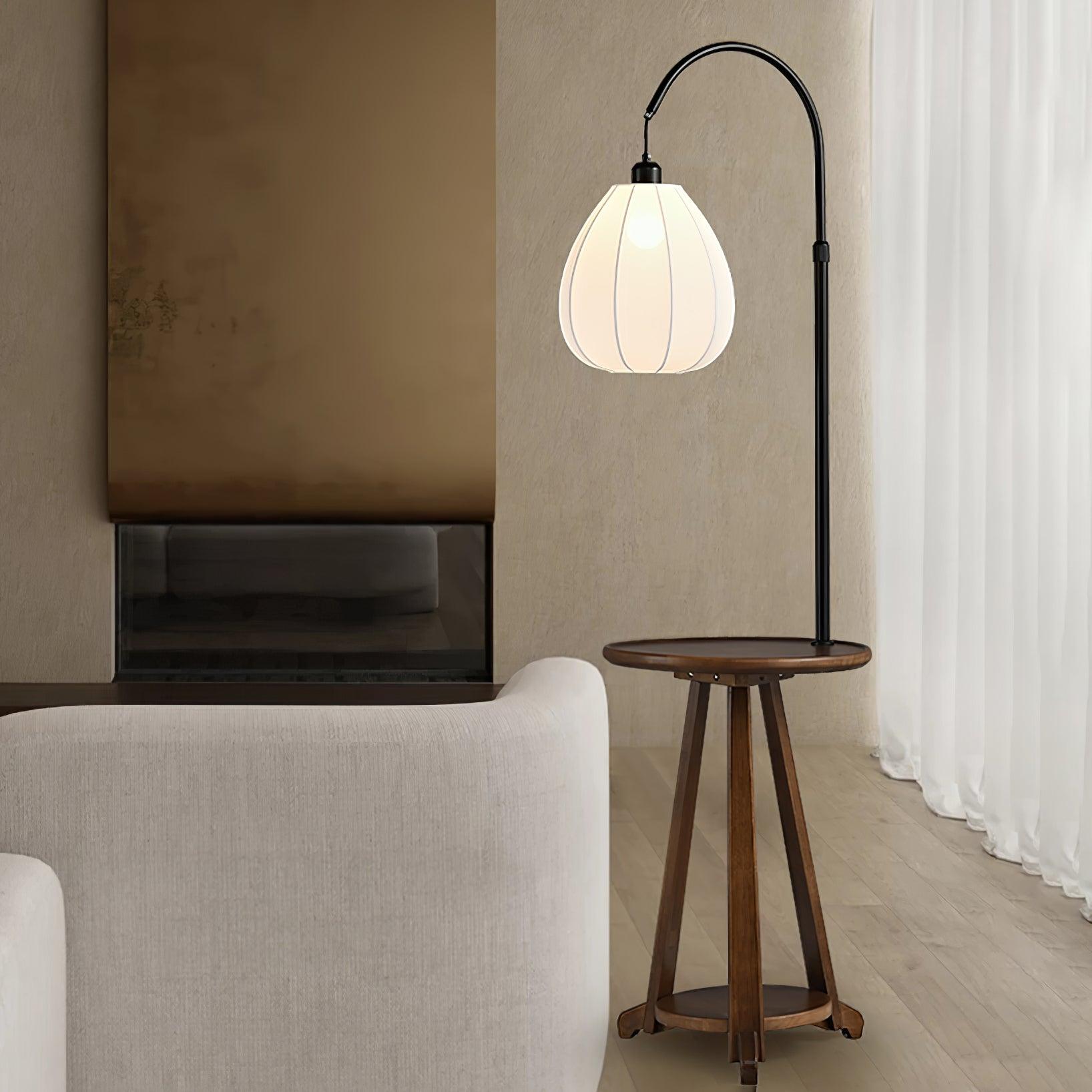 Modern Walnut Wood Arc Floor Lamp with Integrated Side Table and Fabric Shade
