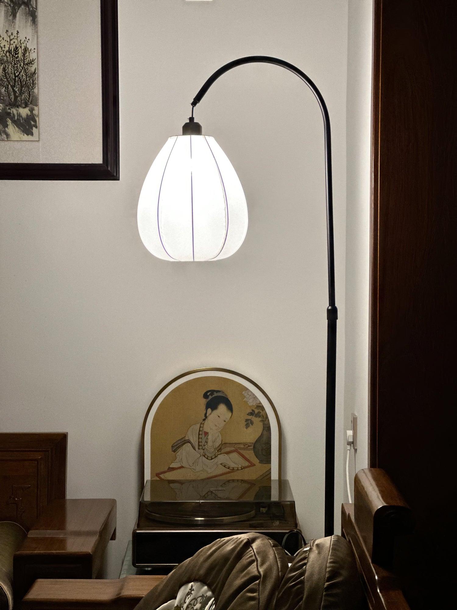 Modern Walnut Wood Arc Floor Lamp with Integrated Side Table and Fabric Shade