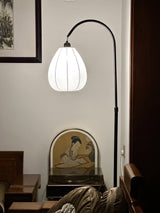 Modern Walnut Wood Arc Floor Lamp with Integrated Side Table and Fabric Shade