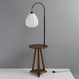 Modern Walnut Wood Arc Floor Lamp with Integrated Side Table and Fabric Shade