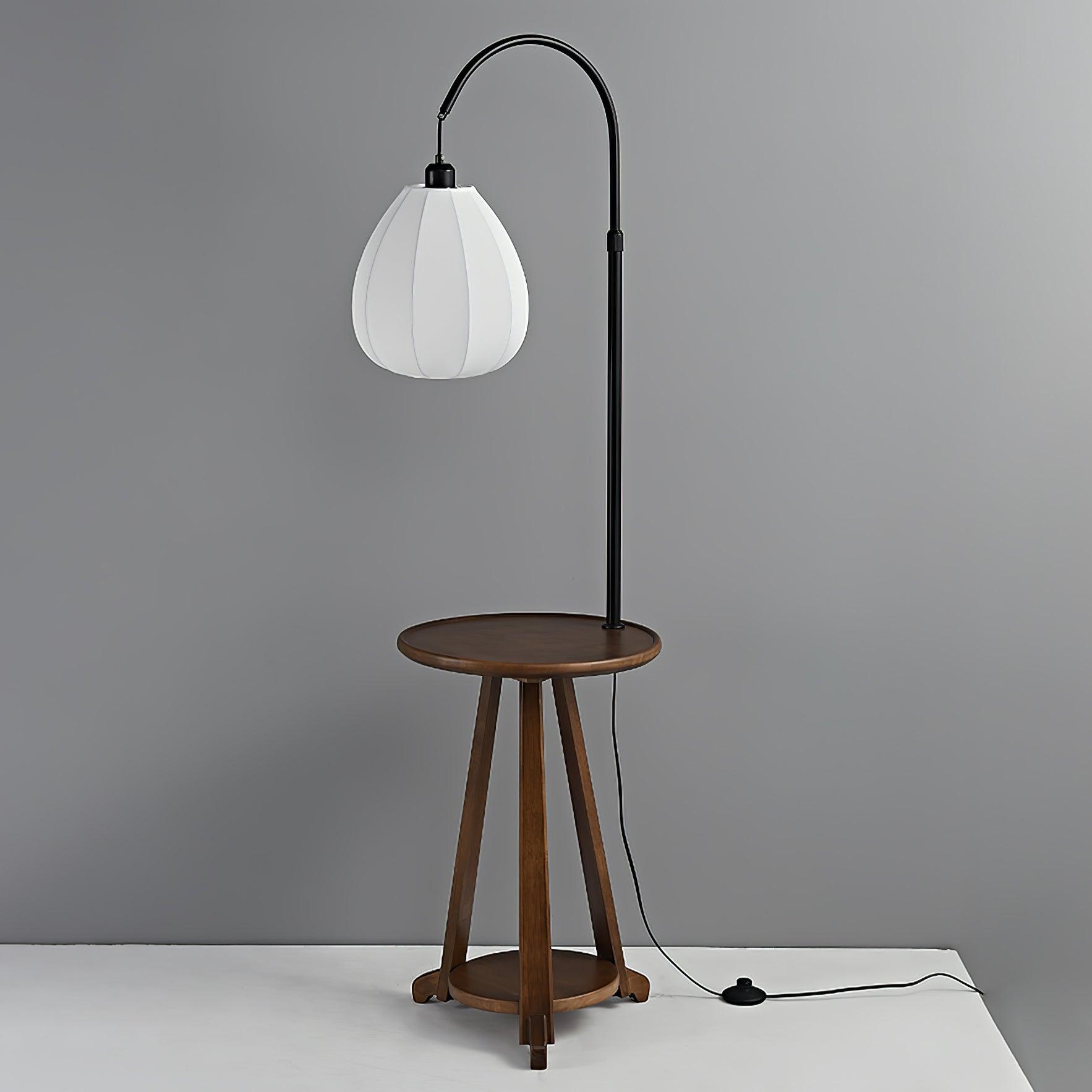 Modern Walnut Wood Arc Floor Lamp with Integrated Side Table and Fabric Shade