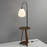 Modern Walnut Wood Arc Floor Lamp with Integrated Side Table and Fabric Shade