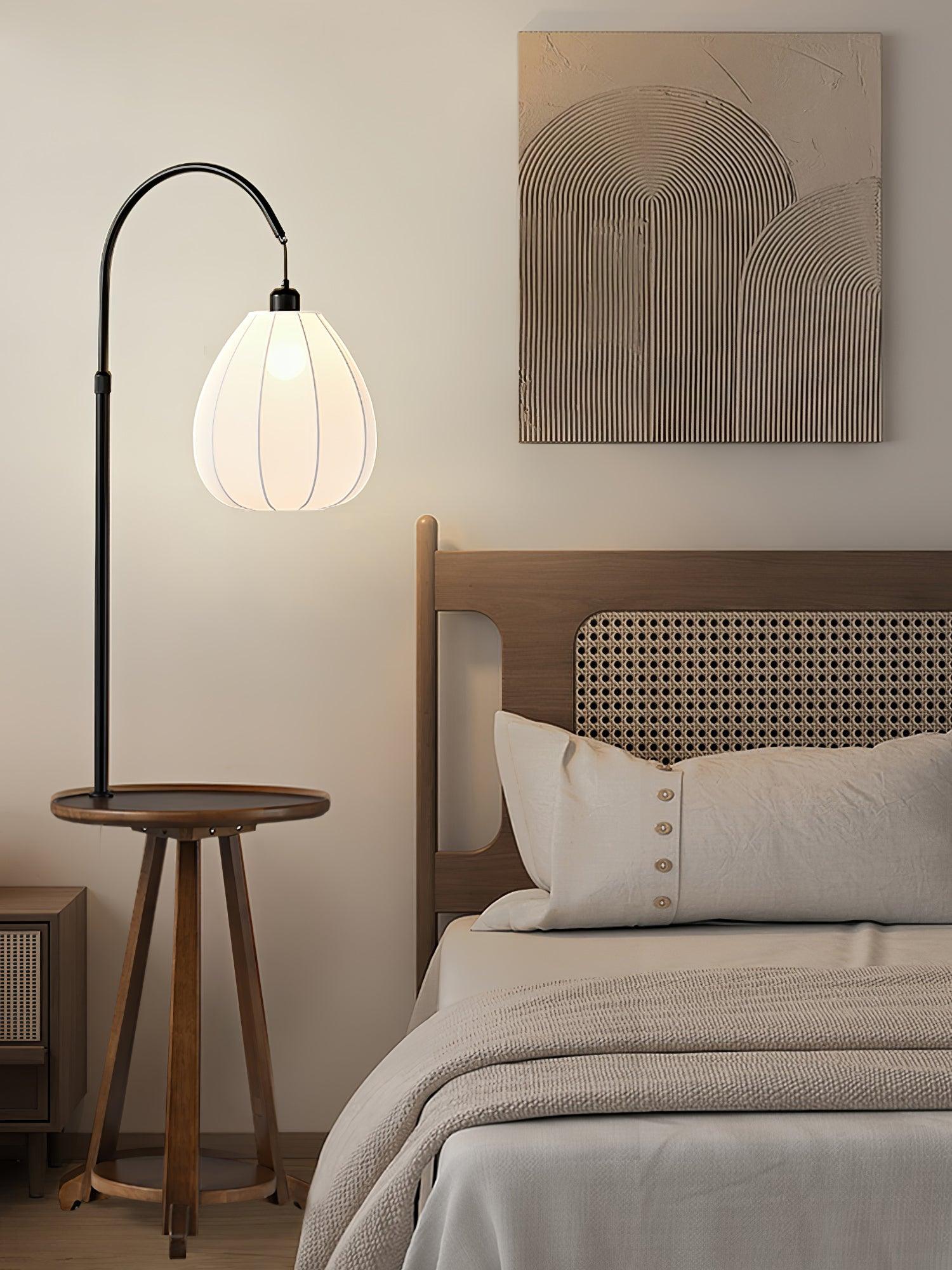 Modern Walnut Wood Arc Floor Lamp with Integrated Side Table and Fabric Shade
