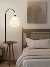 Modern Walnut Wood Arc Floor Lamp with Integrated Side Table and Fabric Shade
