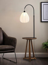 Modern Walnut Wood Arc Floor Lamp with Integrated Side Table and Fabric Shade