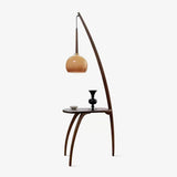 Mid Century Modern Arc Floor Lamp with Walnut Wood Frame Amber Glass Globe and Side Table