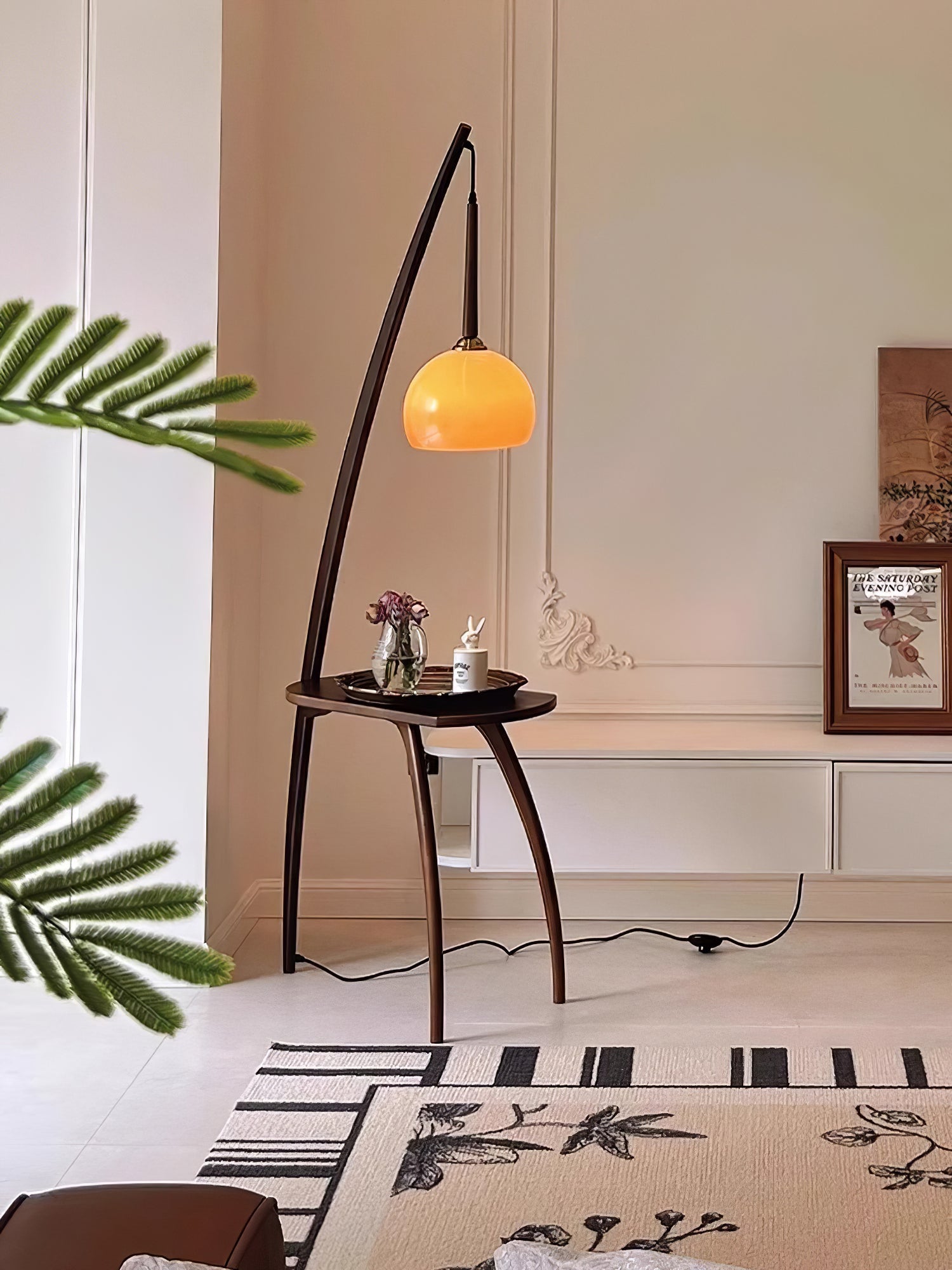 Mid Century Modern Arc Floor Lamp with Walnut Wood Frame Amber Glass Globe and Side Table