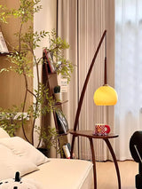Mid Century Modern Arc Floor Lamp with Walnut Wood Frame Amber Glass Globe and Side Table