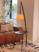 Mid Century Modern Arc Floor Lamp with Walnut Wood Frame Amber Glass Globe and Side Table