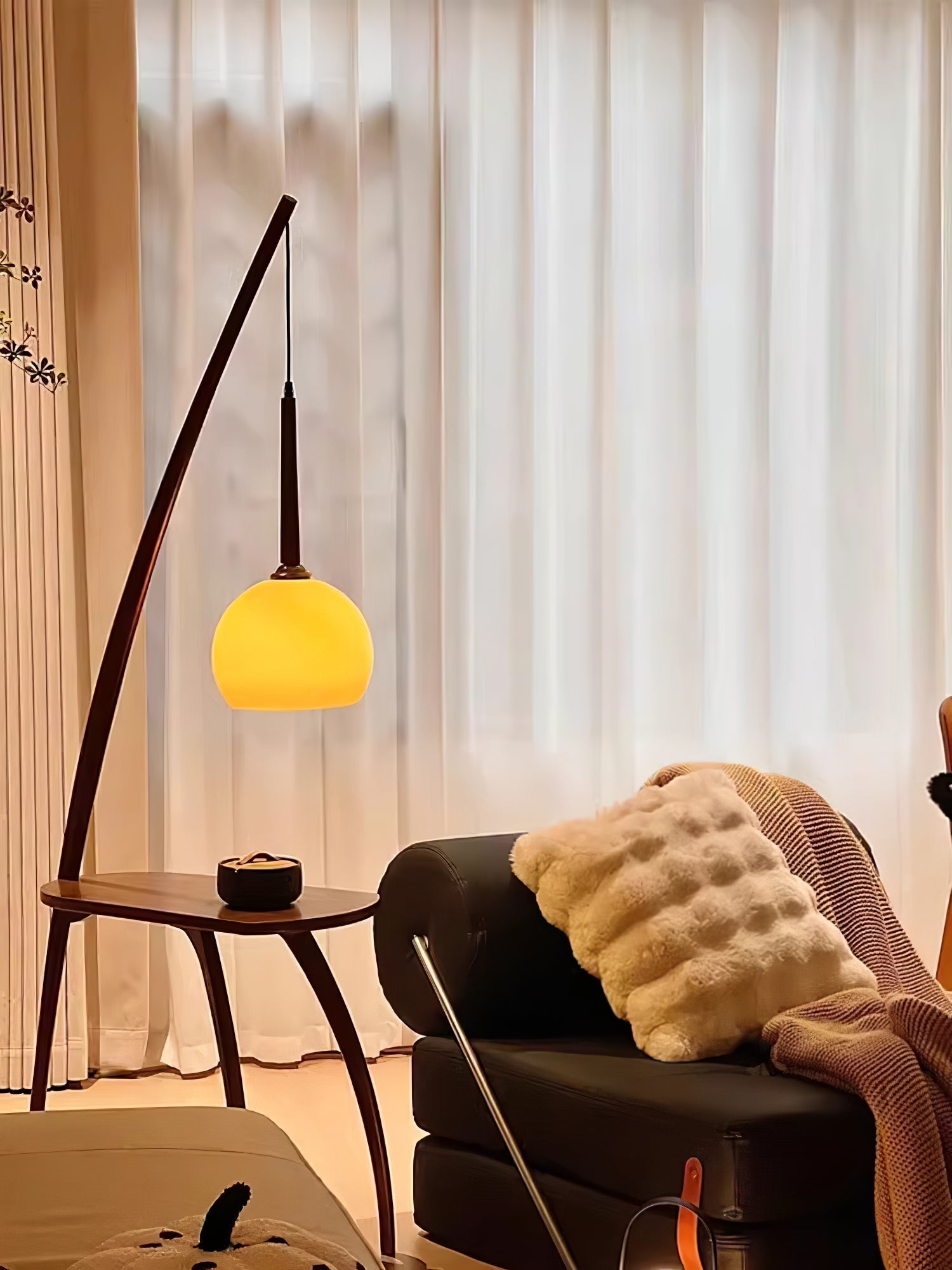 Mid Century Modern Arc Floor Lamp with Walnut Wood Frame Amber Glass Globe and Side Table