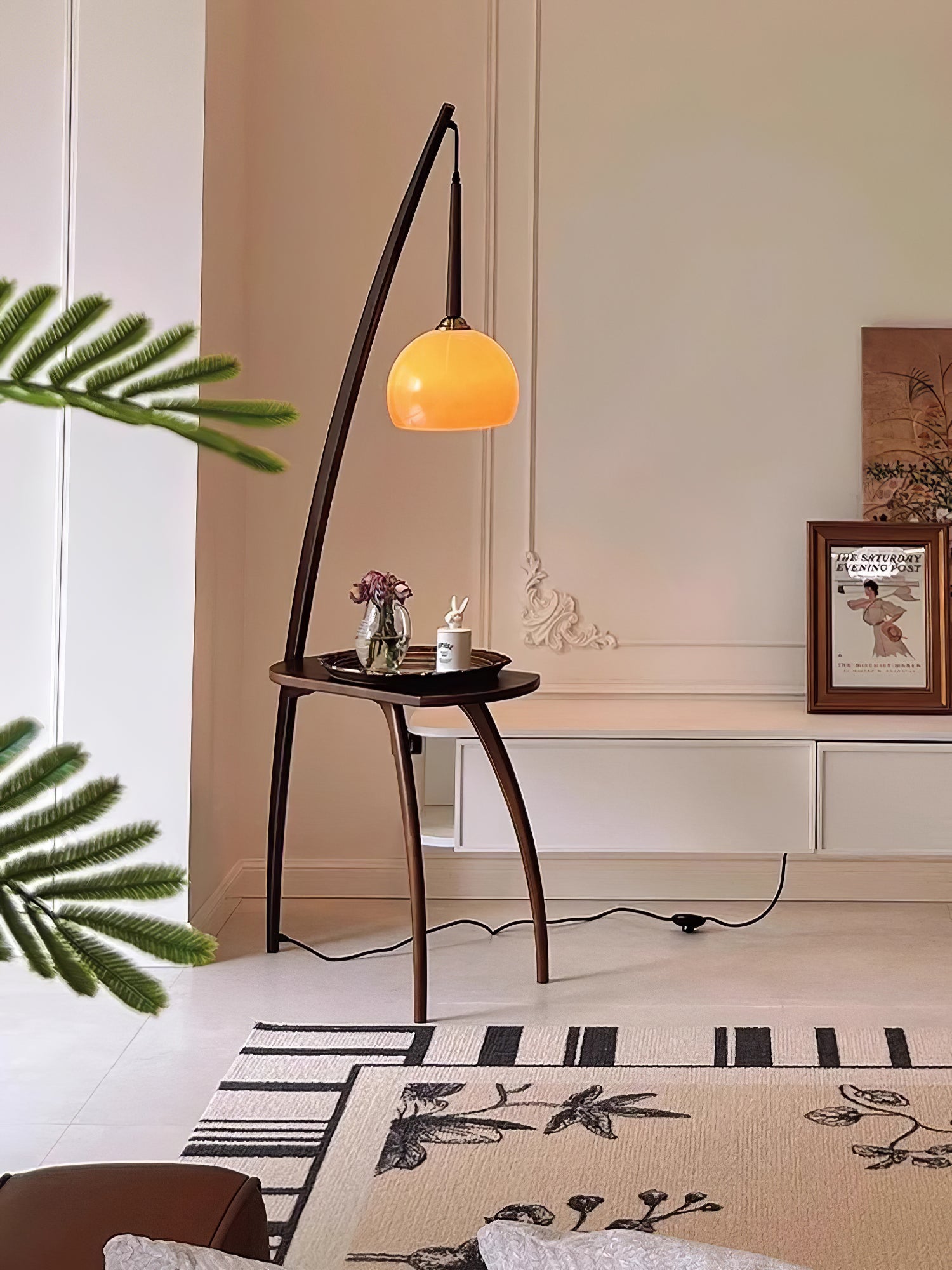 Mid Century Modern Arc Floor Lamp with Walnut Wood Frame Amber Glass Globe and Side Table