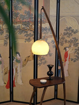 Mid Century Modern Arc Floor Lamp with Walnut Wood Frame Amber Glass Globe and Side Table
