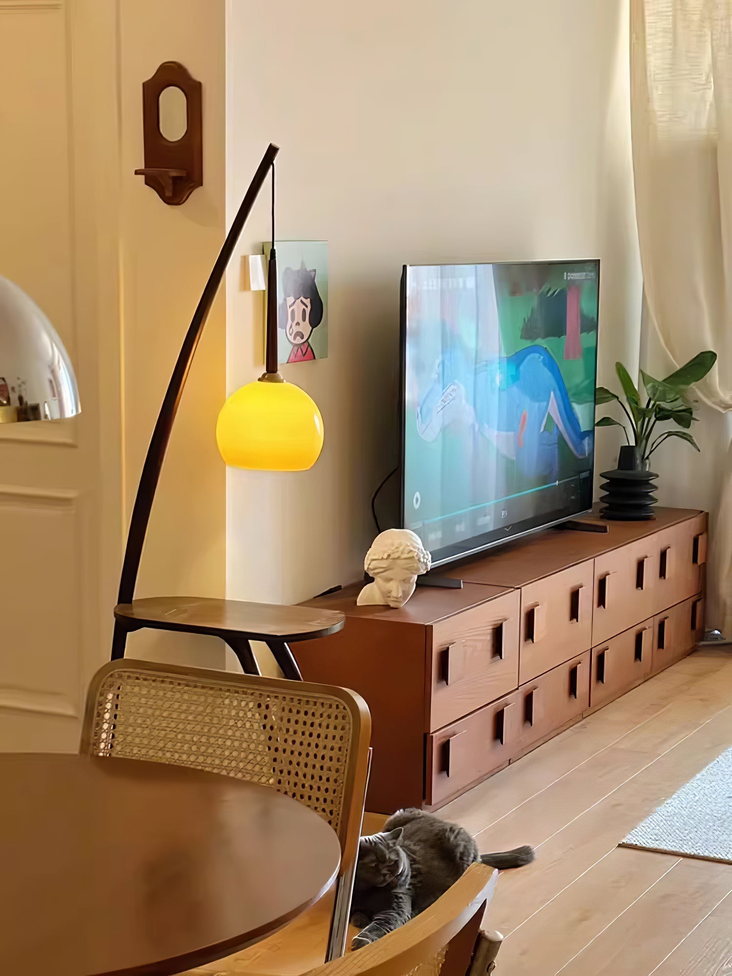 Mid Century Modern Arc Floor Lamp with Walnut Wood Frame Amber Glass Globe and Side Table