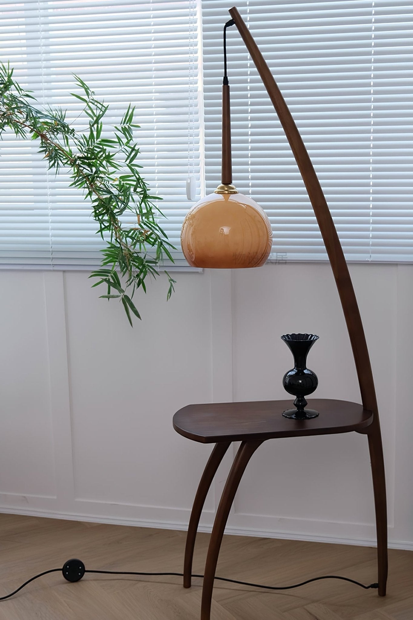 Mid Century Modern Arc Floor Lamp with Walnut Wood Frame Amber Glass Globe and Side Table
