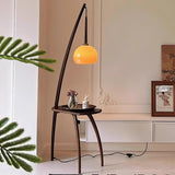 Mid Century Modern Arc Floor Lamp with Walnut Wood Frame Amber Glass Globe and Side Table