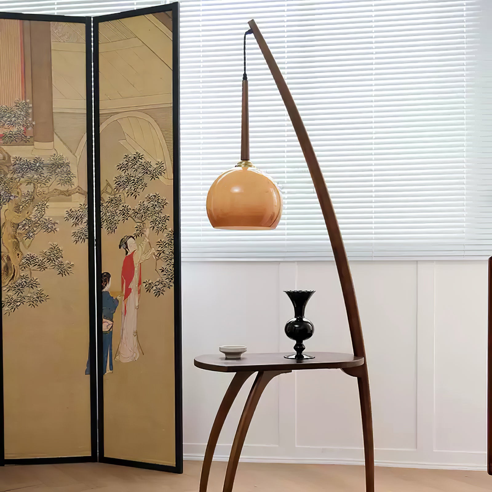 Mid Century Modern Arc Floor Lamp with Walnut Wood Frame Amber Glass Globe and Side Table