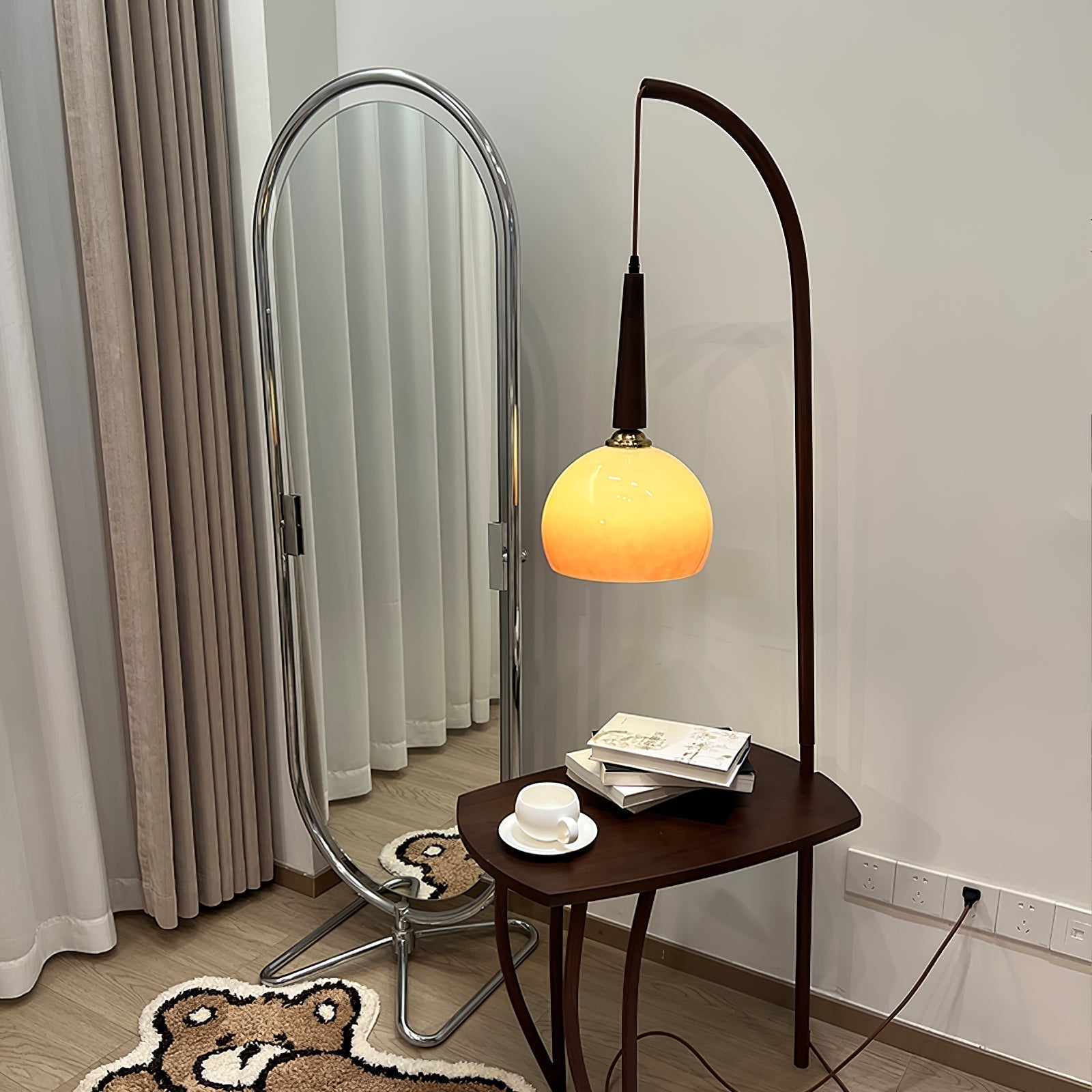 Mid Century Modern Arc Floor Lamp with Walnut Wood Frame Amber Glass Globe and Side Table