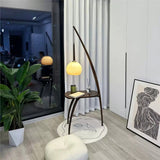 Mid Century Modern Arc Floor Lamp with Walnut Wood Frame Amber Glass Globe and Side Table