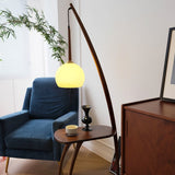 Mid Century Modern Arc Floor Lamp with Walnut Wood Frame Amber Glass Globe and Side Table