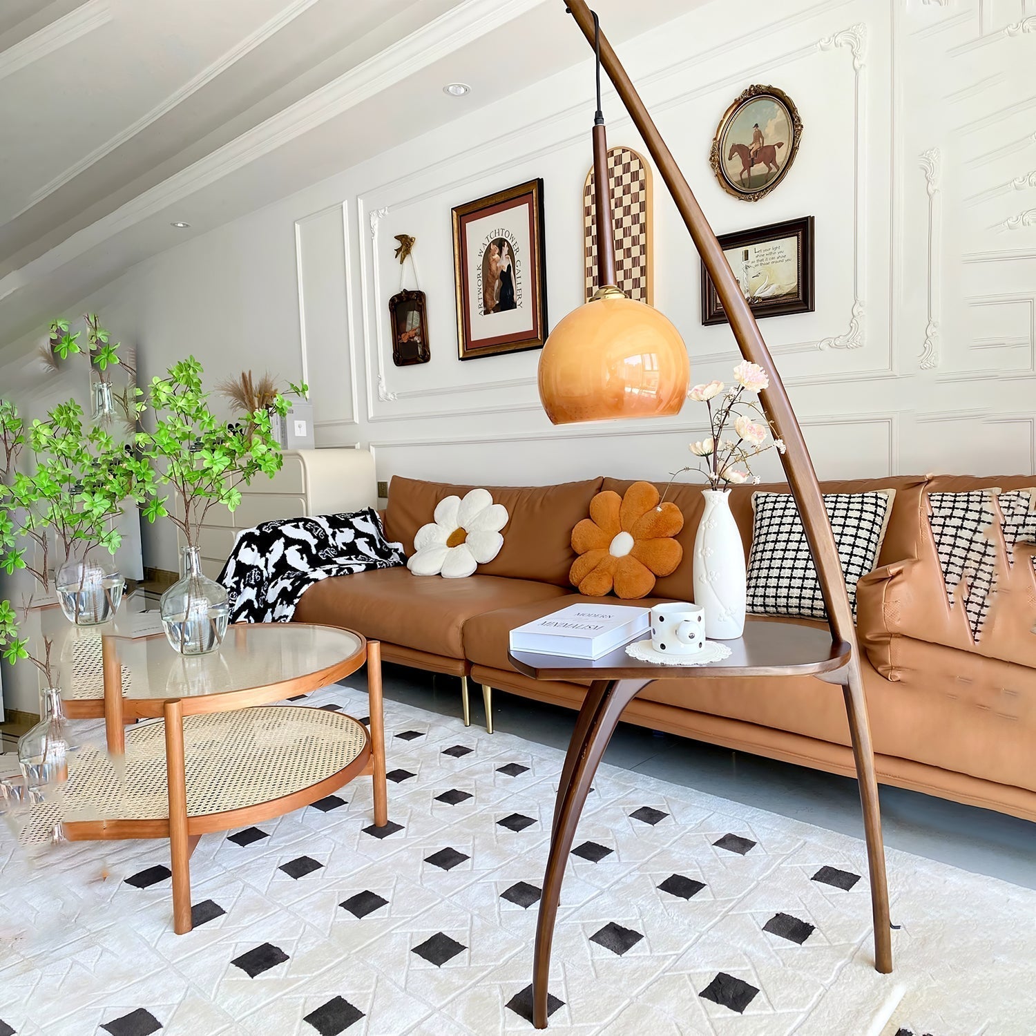 Mid Century Modern Arc Floor Lamp with Walnut Wood Frame Amber Glass Globe and Side Table
