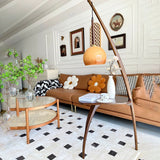 Mid Century Modern Arc Floor Lamp with Walnut Wood Frame Amber Glass Globe and Side Table