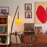 Mid Century Modern Arc Floor Lamp with Walnut Wood Frame Amber Glass Globe and Side Table