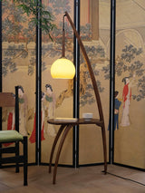 Mid Century Modern Arc Floor Lamp with Walnut Wood Frame Amber Glass Globe and Side Table