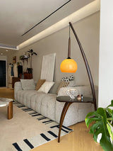 Mid Century Modern Arc Floor Lamp with Walnut Wood Frame Amber Glass Globe and Side Table