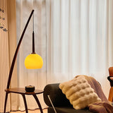 Mid Century Modern Arc Floor Lamp with Walnut Wood Frame Amber Glass Globe and Side Table