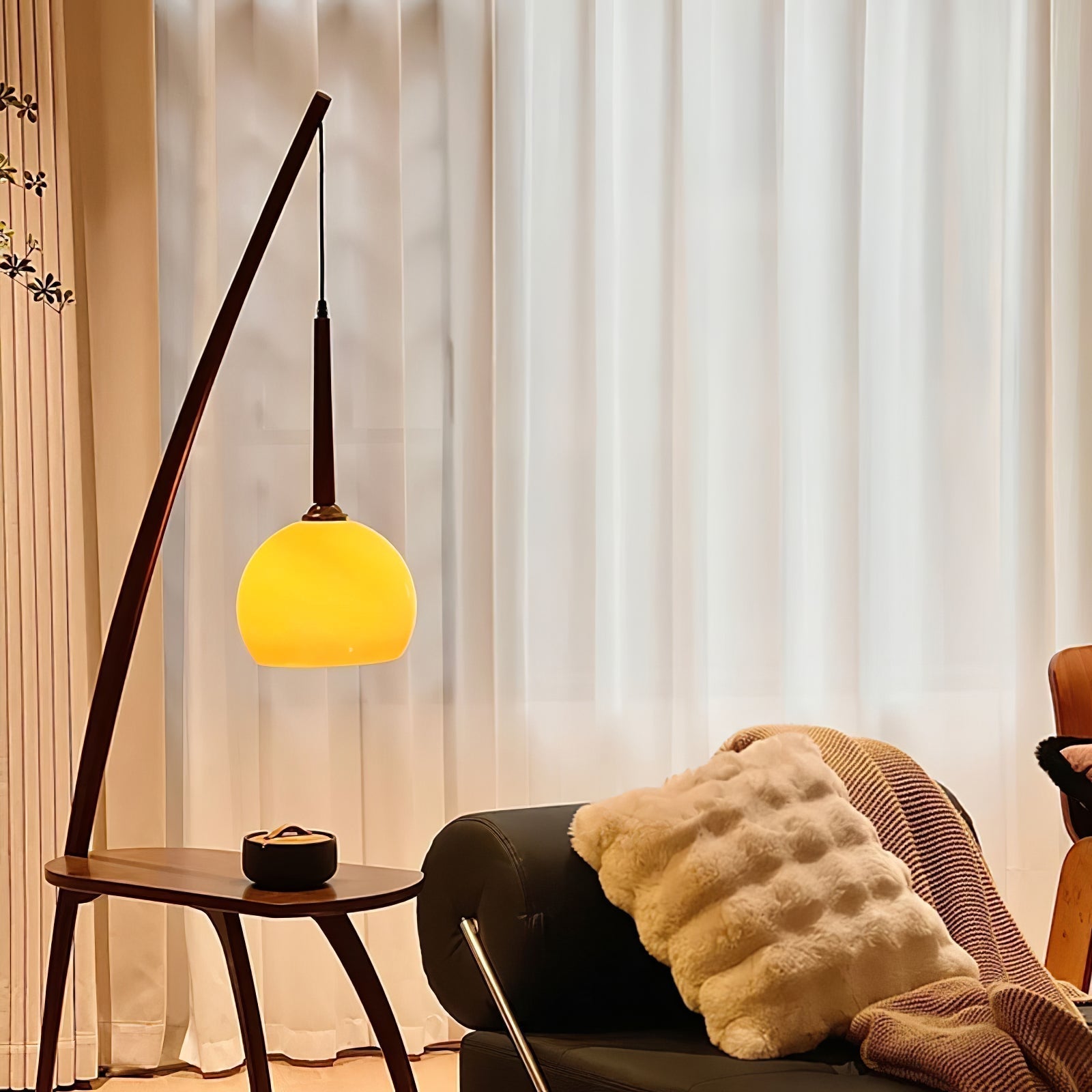 Mid Century Modern Arc Floor Lamp with Walnut Wood Frame Amber Glass Globe and Side Table
