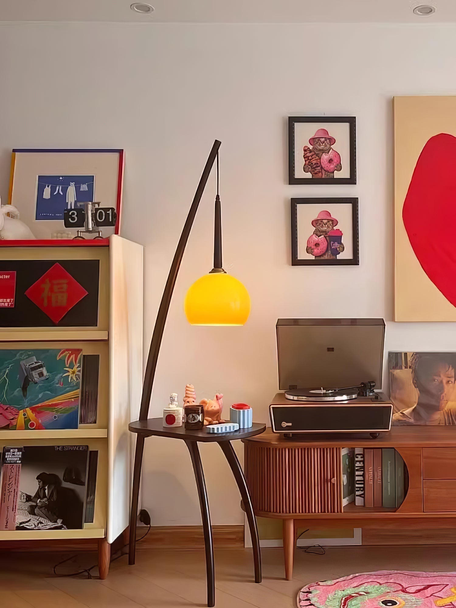 Mid Century Modern Arc Floor Lamp with Walnut Wood Frame Amber Glass Globe and Side Table