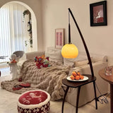 Mid Century Modern Arc Floor Lamp with Walnut Wood Frame Amber Glass Globe and Side Table