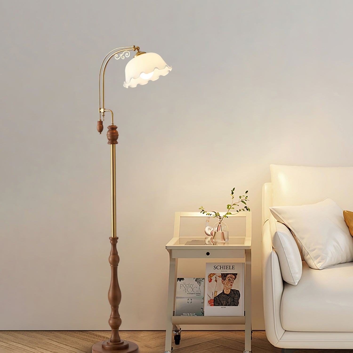Arch Curves Contemporary Arched Floor Lamp with Wood and Glass Accents for Modern Living Rooms