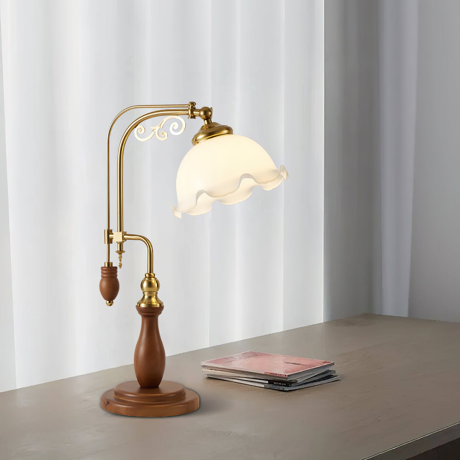 Modern Arch Curves Wood and Metal Table Lamp with Glass Globe Shade for Office