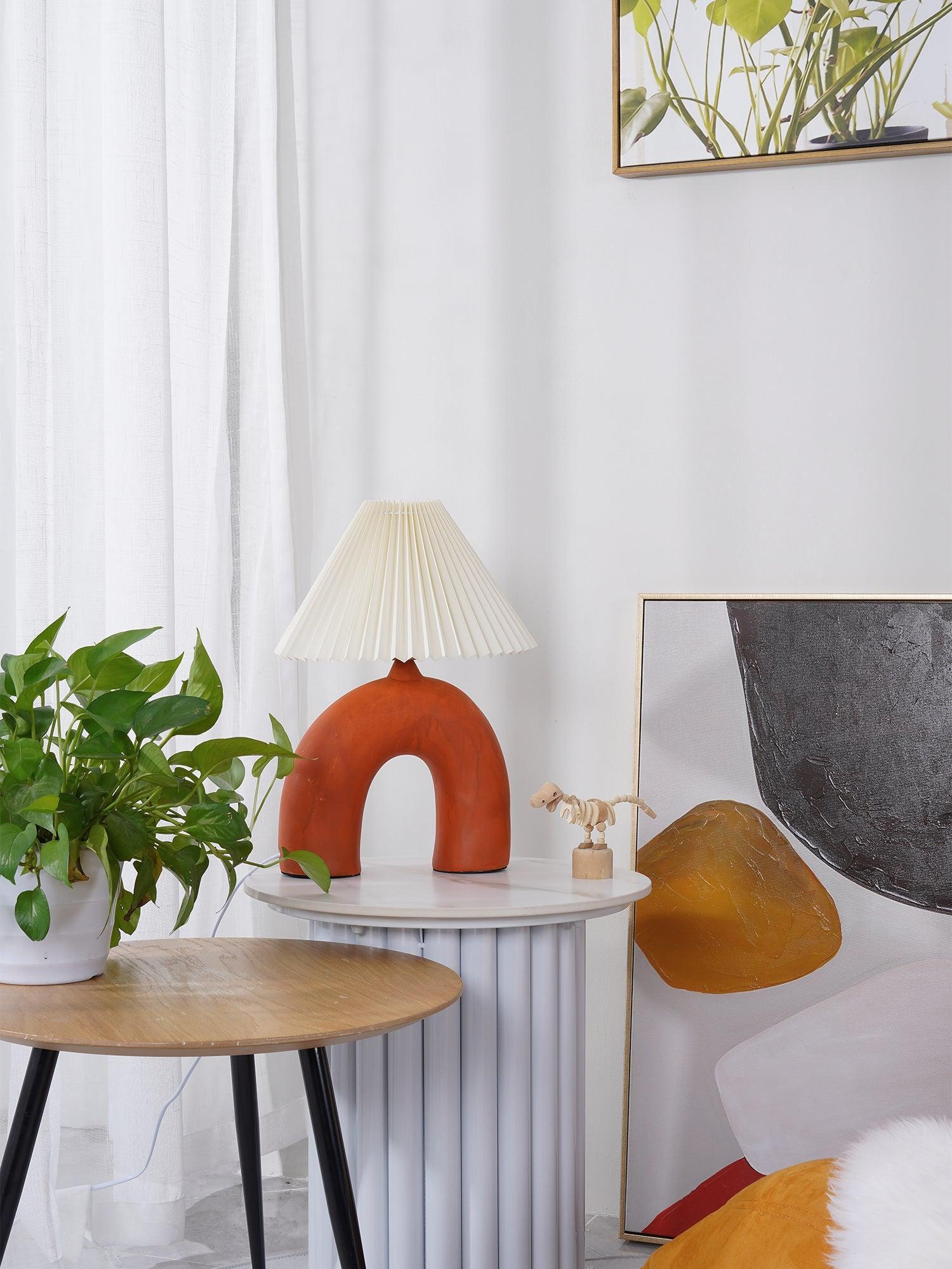 Arched Ceramic Pleated Table Lamp with Fabric Shade Elegant Bedside Desk Lighting for Modern Home Decor