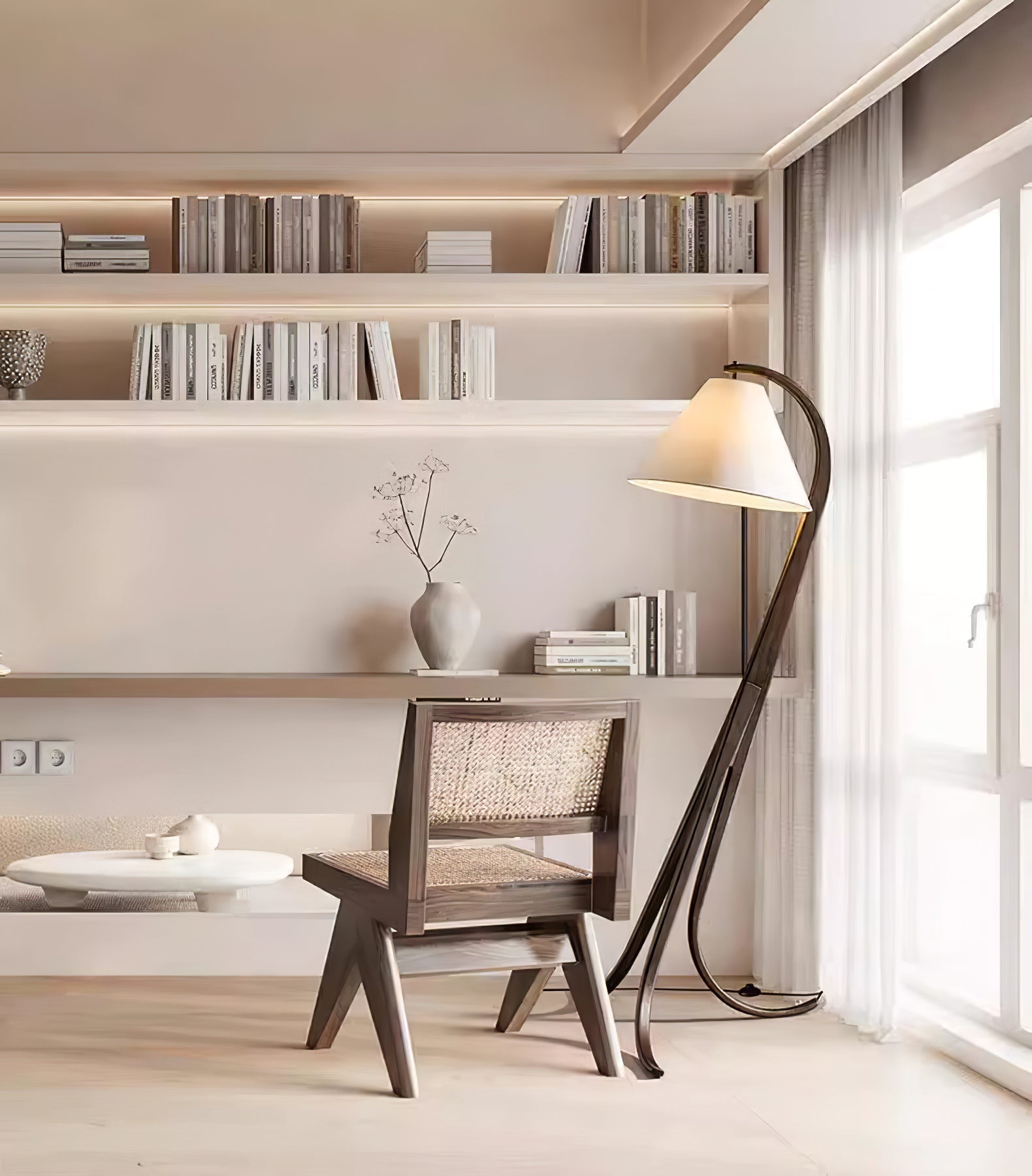 Modern Arcwood Curved Wood Floor Lamp with Fabric Shade for Living Room and Study