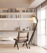 Modern Arcwood Curved Wood Floor Lamp with Fabric Shade for Living Room and Study