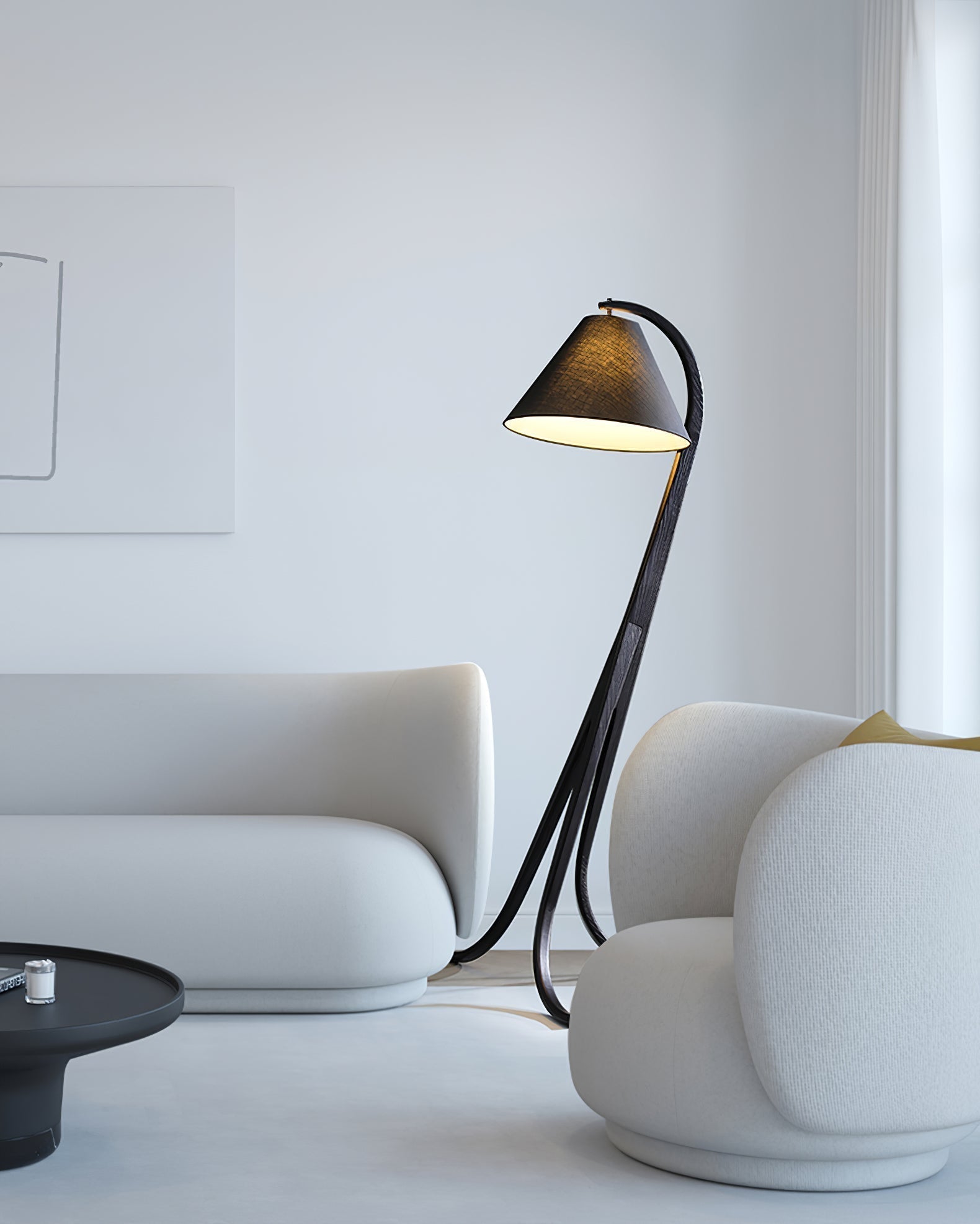 Modern Arcwood Curved Wood Floor Lamp with Fabric Shade for Living Room and Study