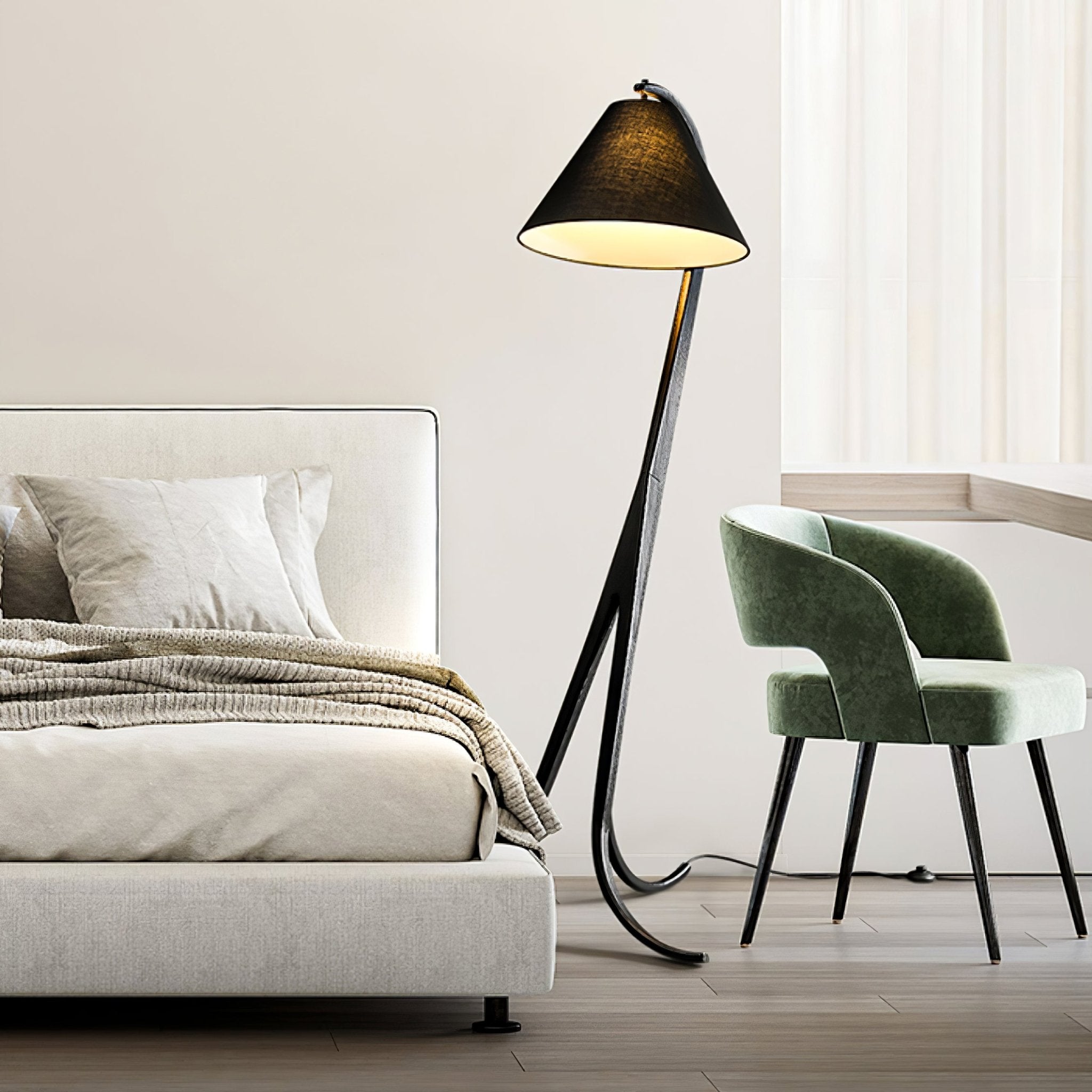 Modern Arcwood Curved Wood Floor Lamp with Fabric Shade for Living Room and Study
