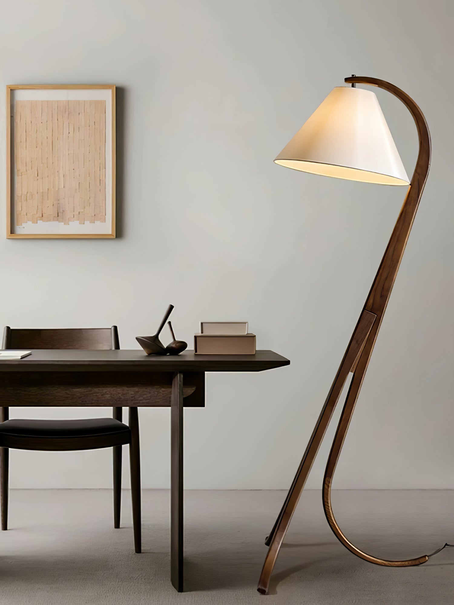 Modern Arcwood Curved Wood Floor Lamp with Fabric Shade for Living Room and Study