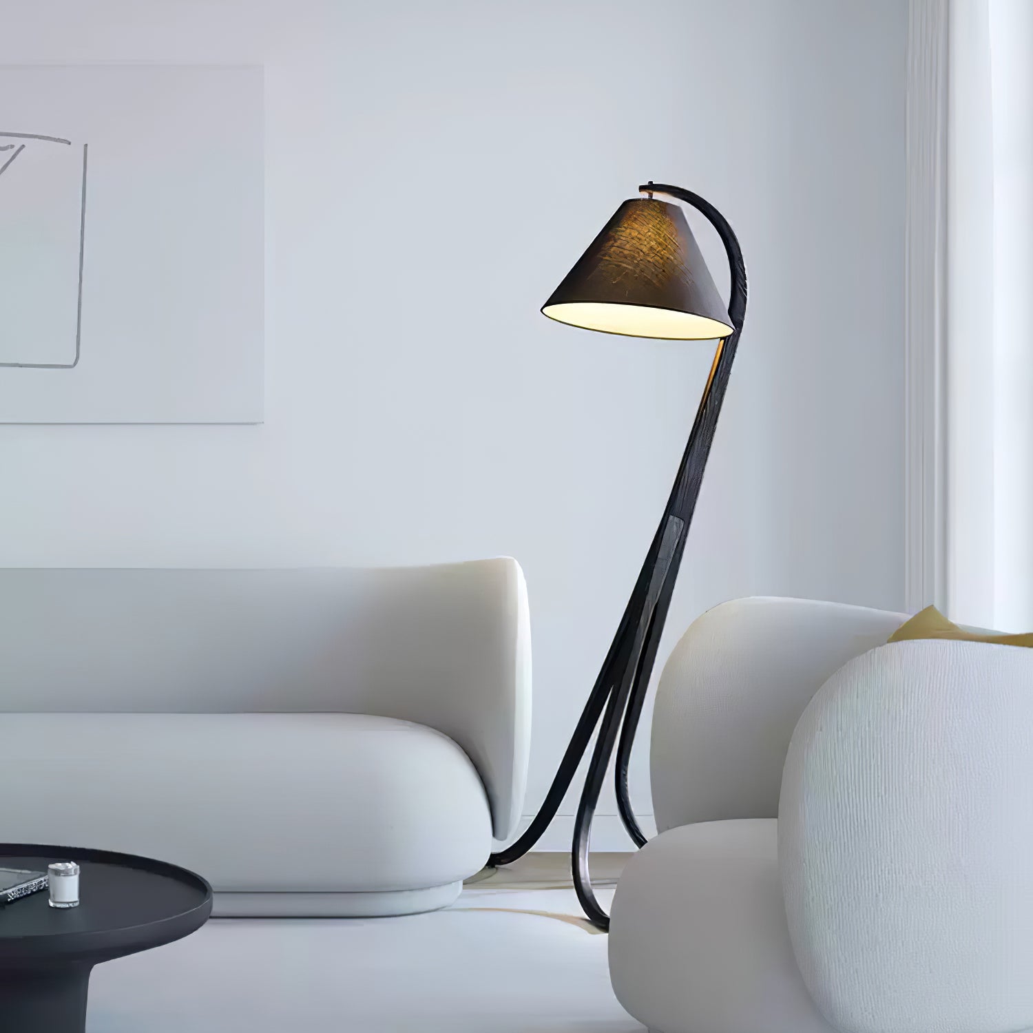 Modern Arcwood Curved Wood Floor Lamp with Fabric Shade for Living Room and Study