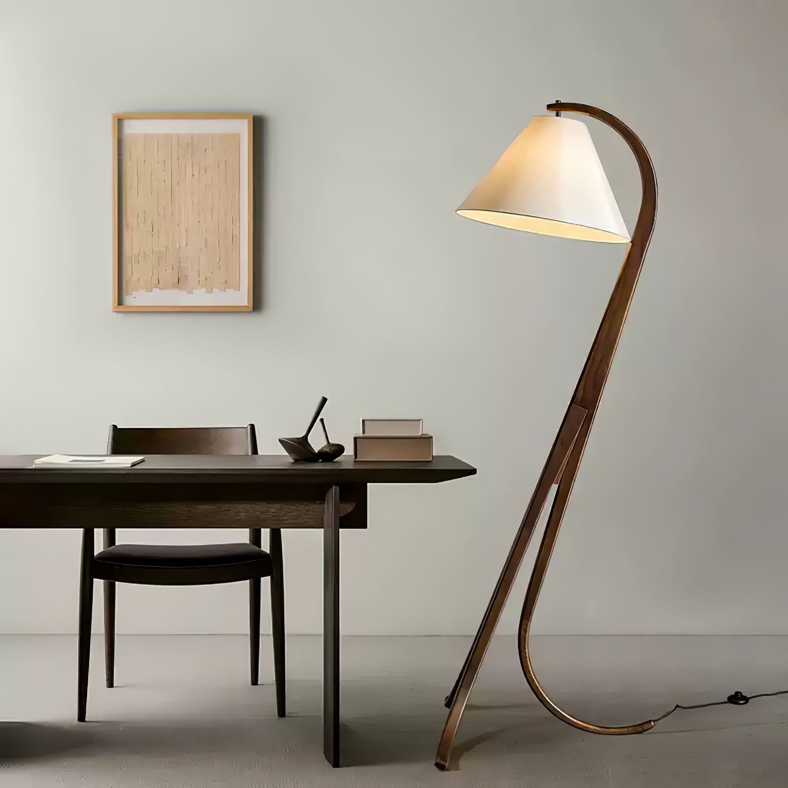 Modern Arcwood Curved Wood Floor Lamp with Fabric Shade for Living Room and Study