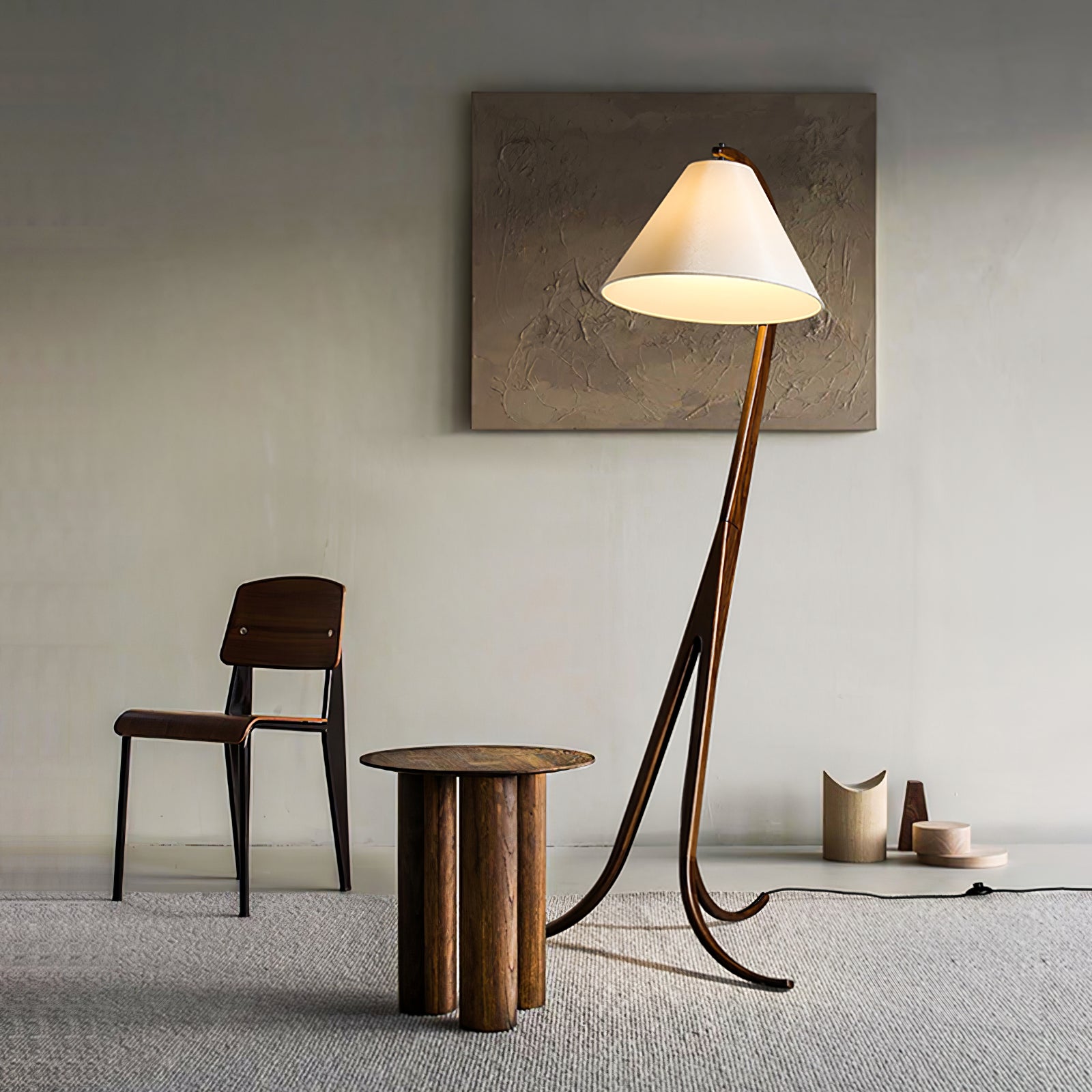 Modern Arcwood Curved Wood Floor Lamp with Fabric Shade for Living Room and Study