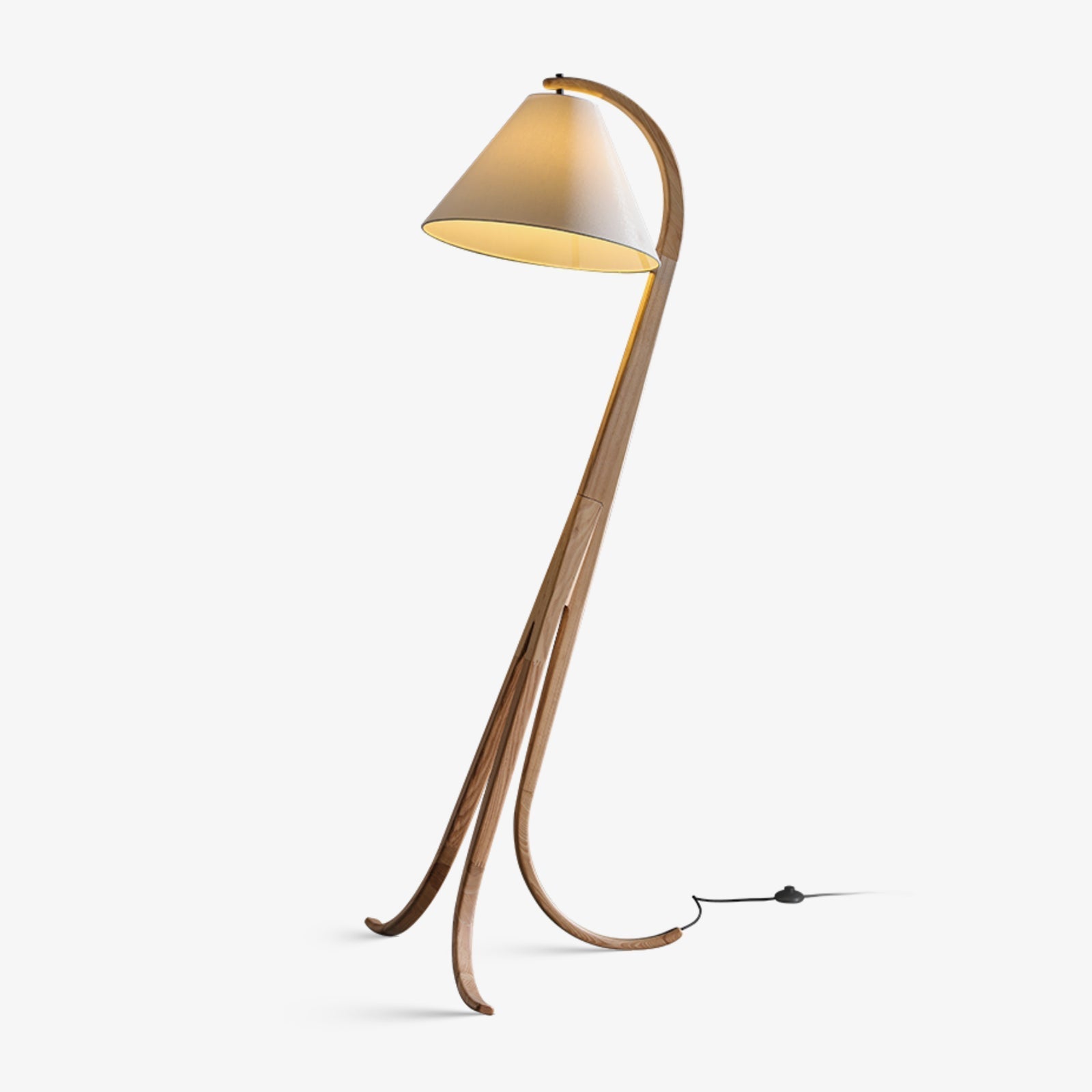 Modern Arcwood Curved Wood Floor Lamp with Fabric Shade for Living Room and Study