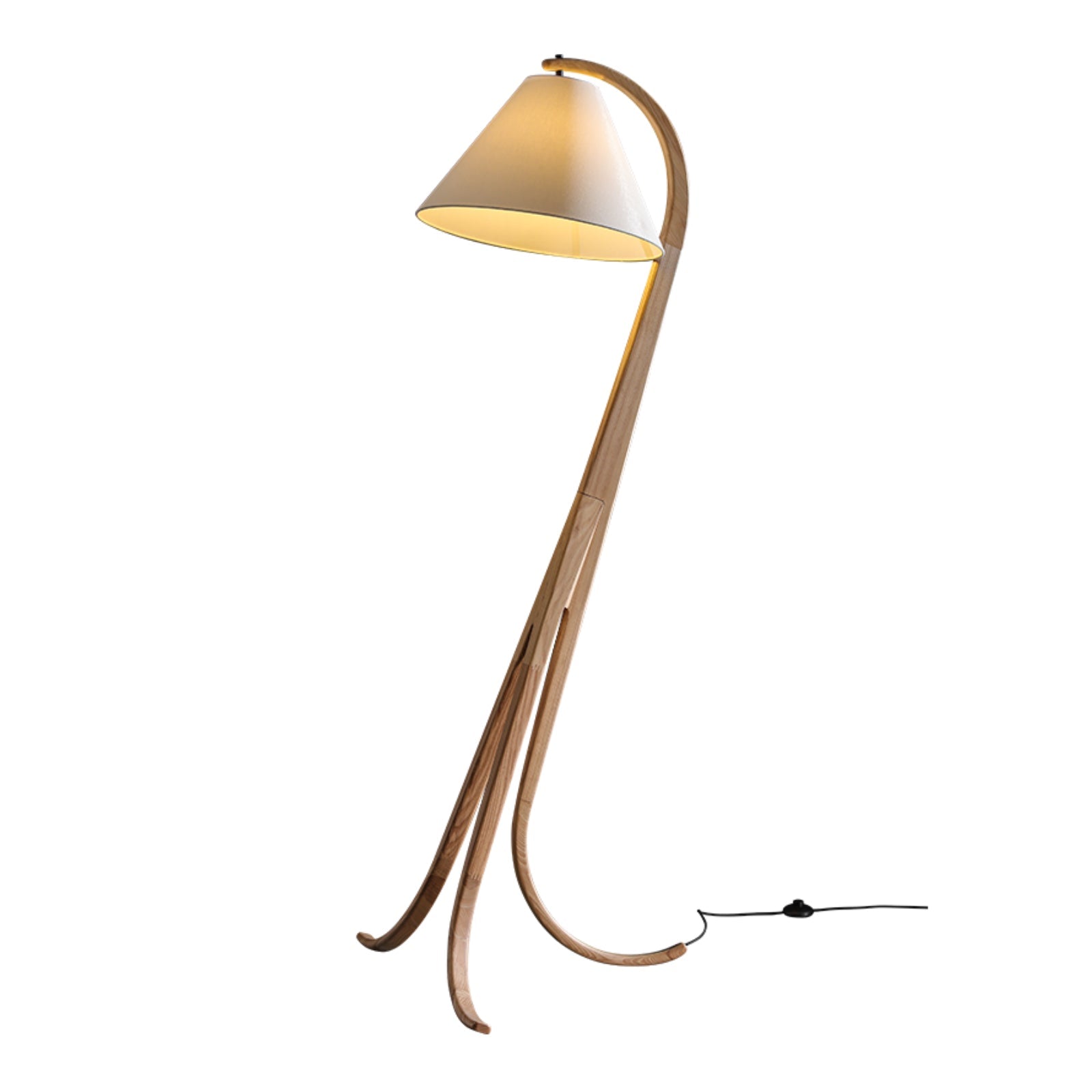 Modern Arcwood Curved Wood Floor Lamp with Fabric Shade for Living Room and Study