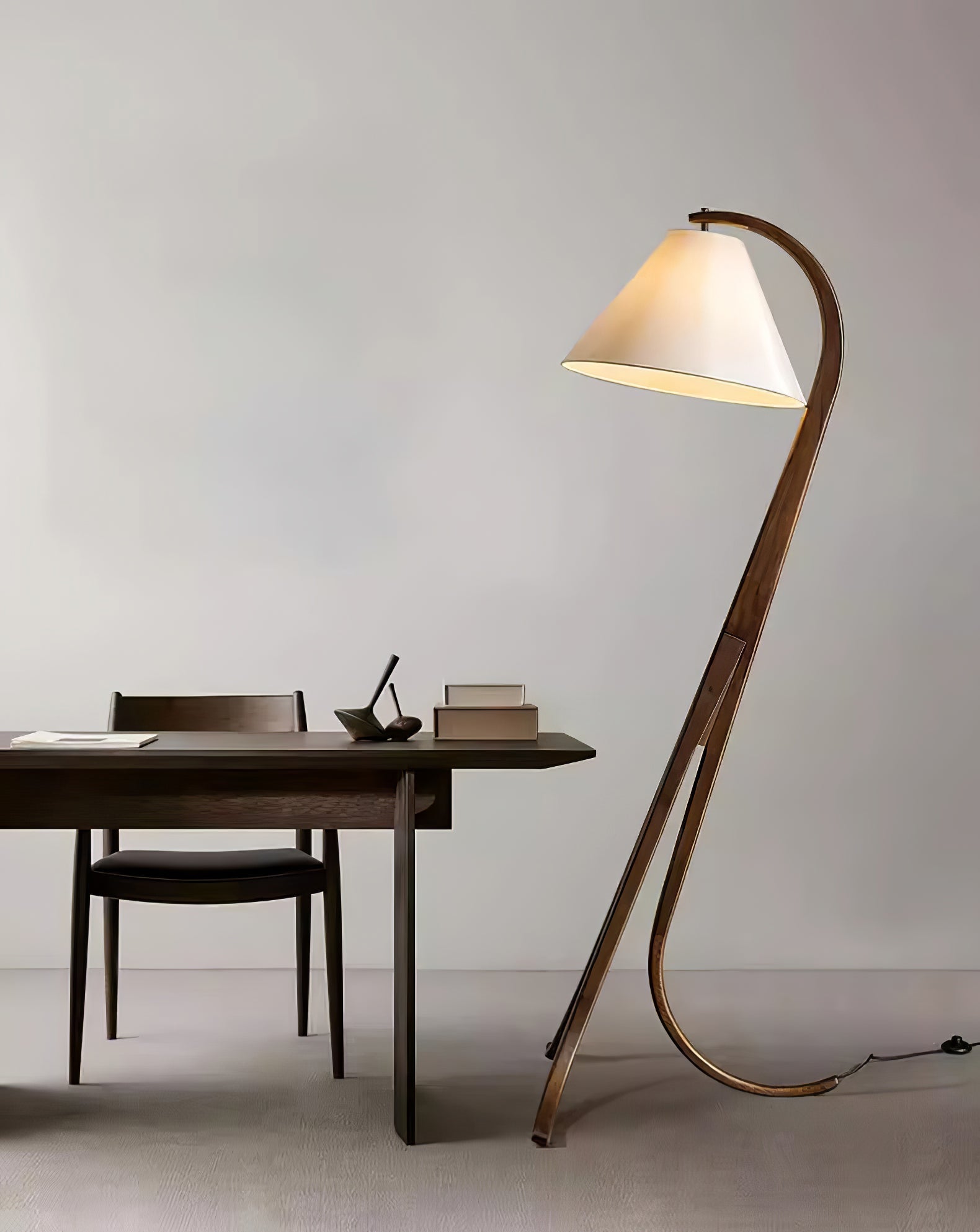 Modern Arcwood Curved Wood Floor Lamp with Fabric Shade for Living Room and Study