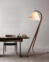 Modern Arcwood Curved Wood Floor Lamp with Fabric Shade for Living Room and Study