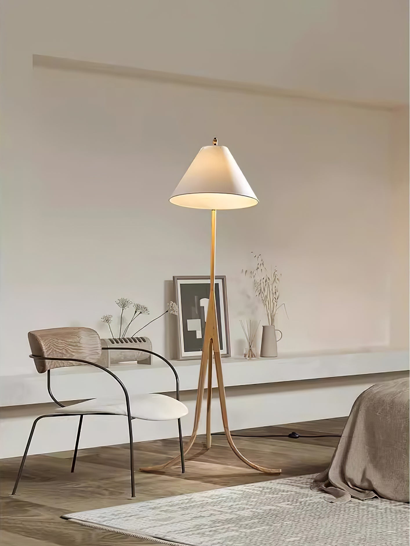 Modern Arcwood Curved Wood Floor Lamp with Fabric Shade for Living Room and Study